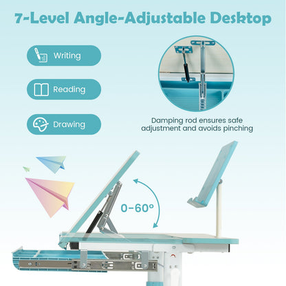 Height-Adjustable Kids Desk with Tilt Desktop and Book Stand-Blue