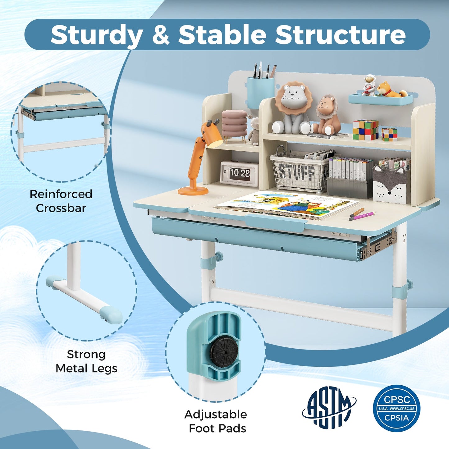 Height Adjustable Kids Study Desk with Tilt Desktop for 3-12 Years Old