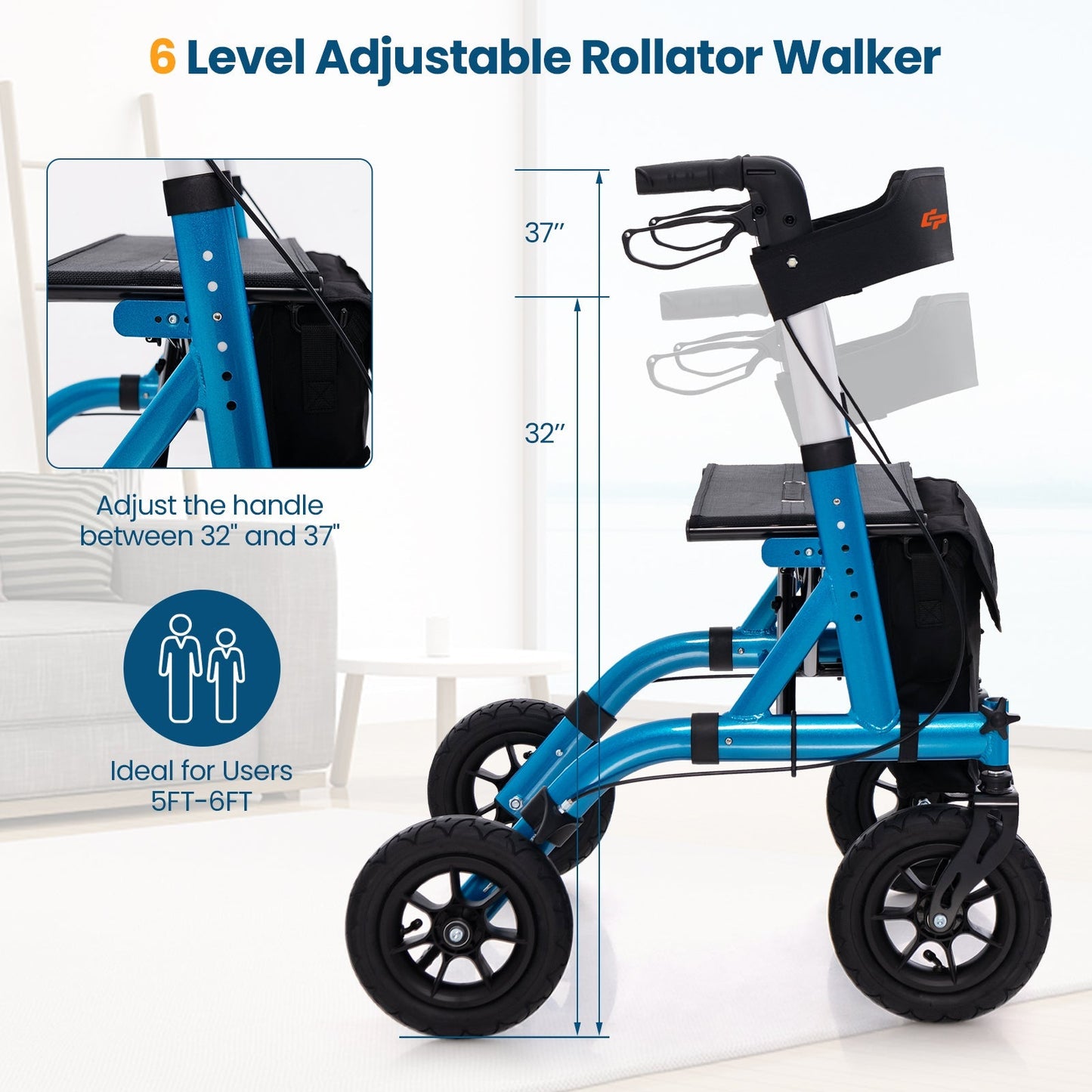 Height Adjustable Rollator Walker Foldable Rolling Walker with Seat for Seniors