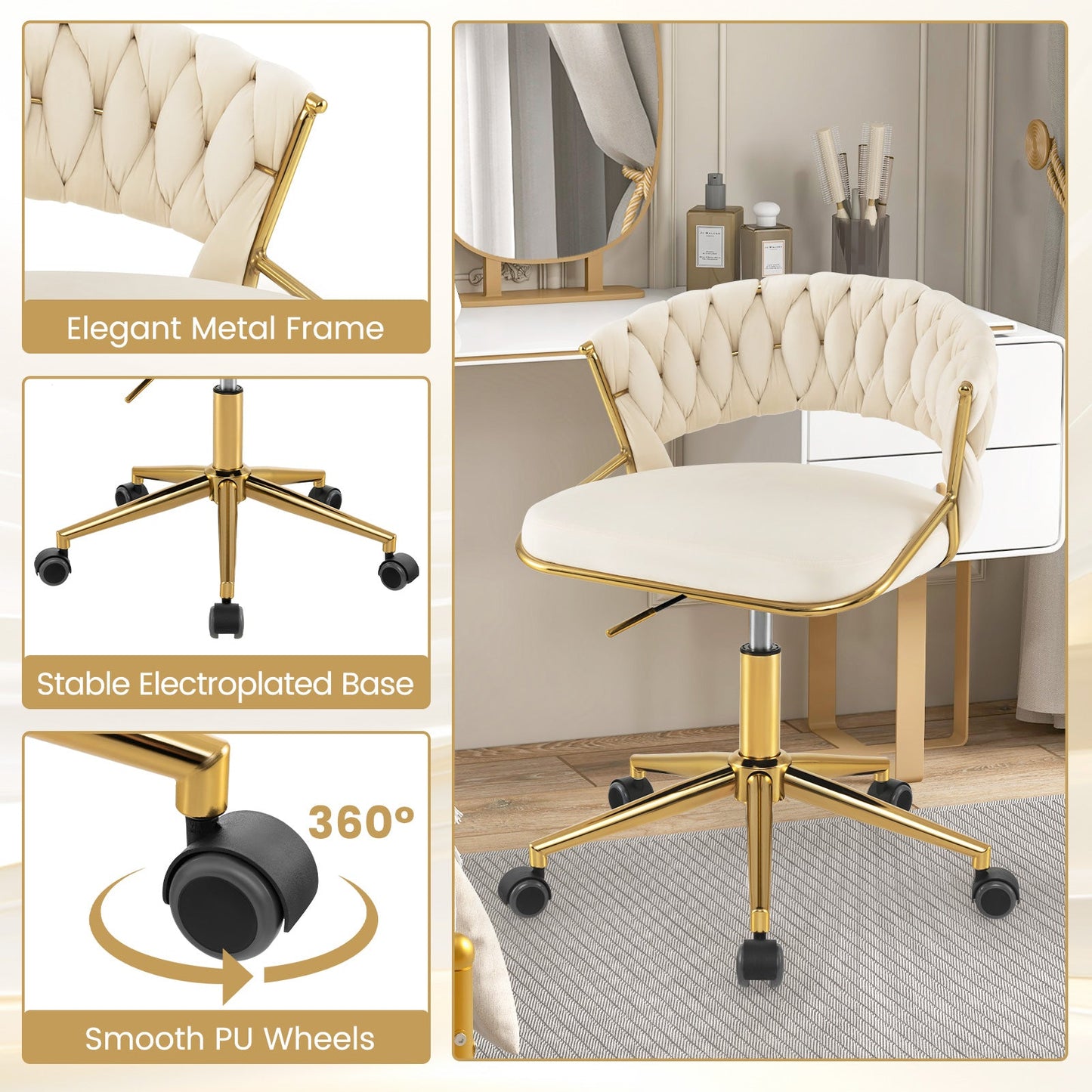 360¬∞ Height Adjustable Swivel Upholstered Desk Computer Chair with Hand-woven Back