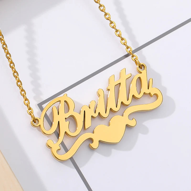 Custom Name Necklace for Women – Personalized Heart Ribbon Nameplate, Stainless Steel Chain, Gold or Silver