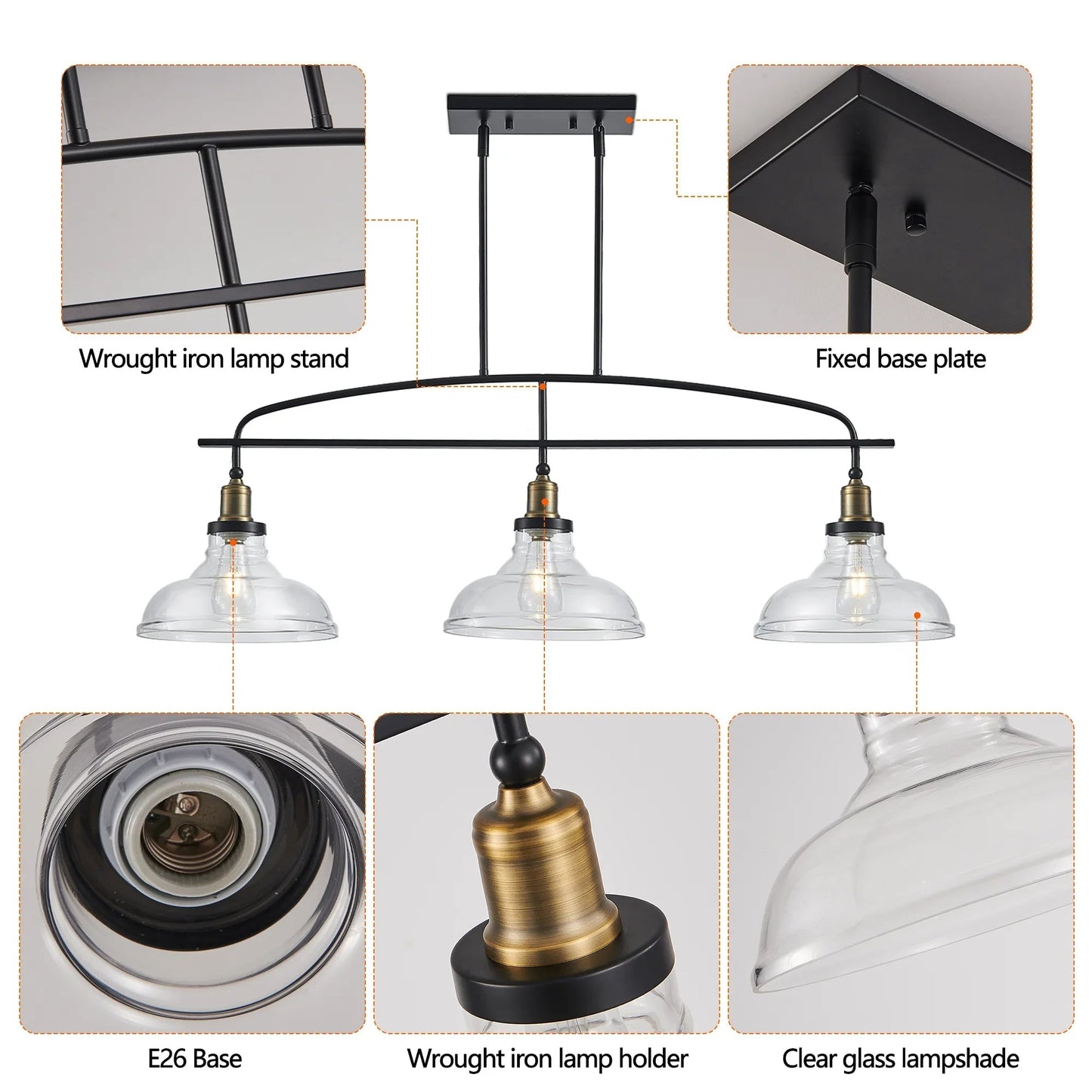 45" Industrial 3-Light Pendant Chandelier | Black Metal & Clear Glass Farmhouse Ceiling Light — Adjustable Height, E26 Compatible