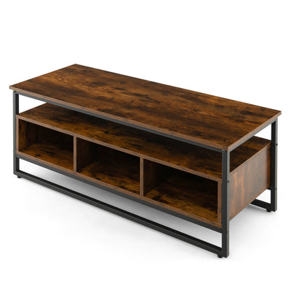 3-Tier Industrial Style Coffee Table with Open Shelf and 3 Storage Cubbies-Rustic Brown