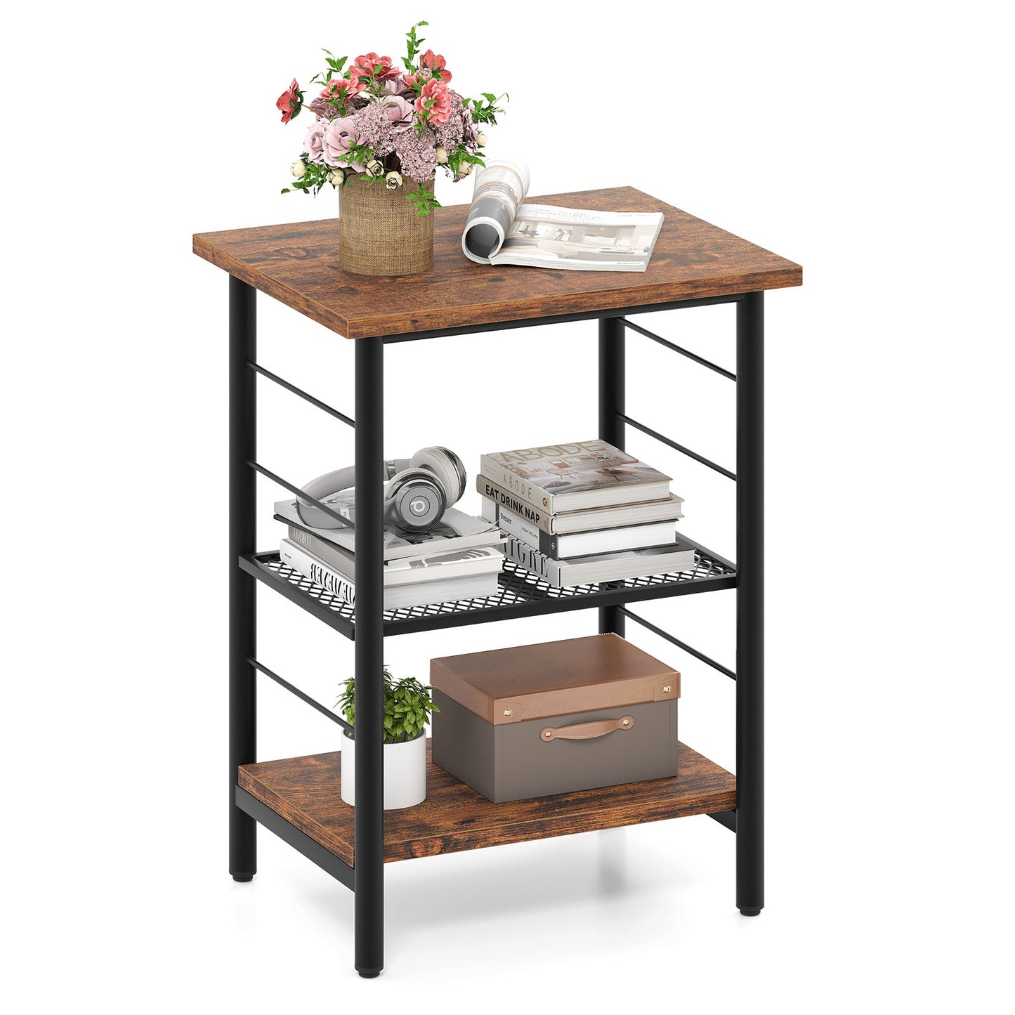 3-Tier End Table Space-Saving Nightstand Industrial Bedside Table for Living Room Bedroom-Rustic Brown