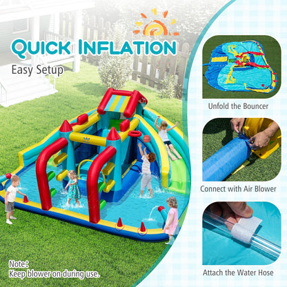 Inflatable Double Water Slide Park with Obstacle Course and 735W Blower