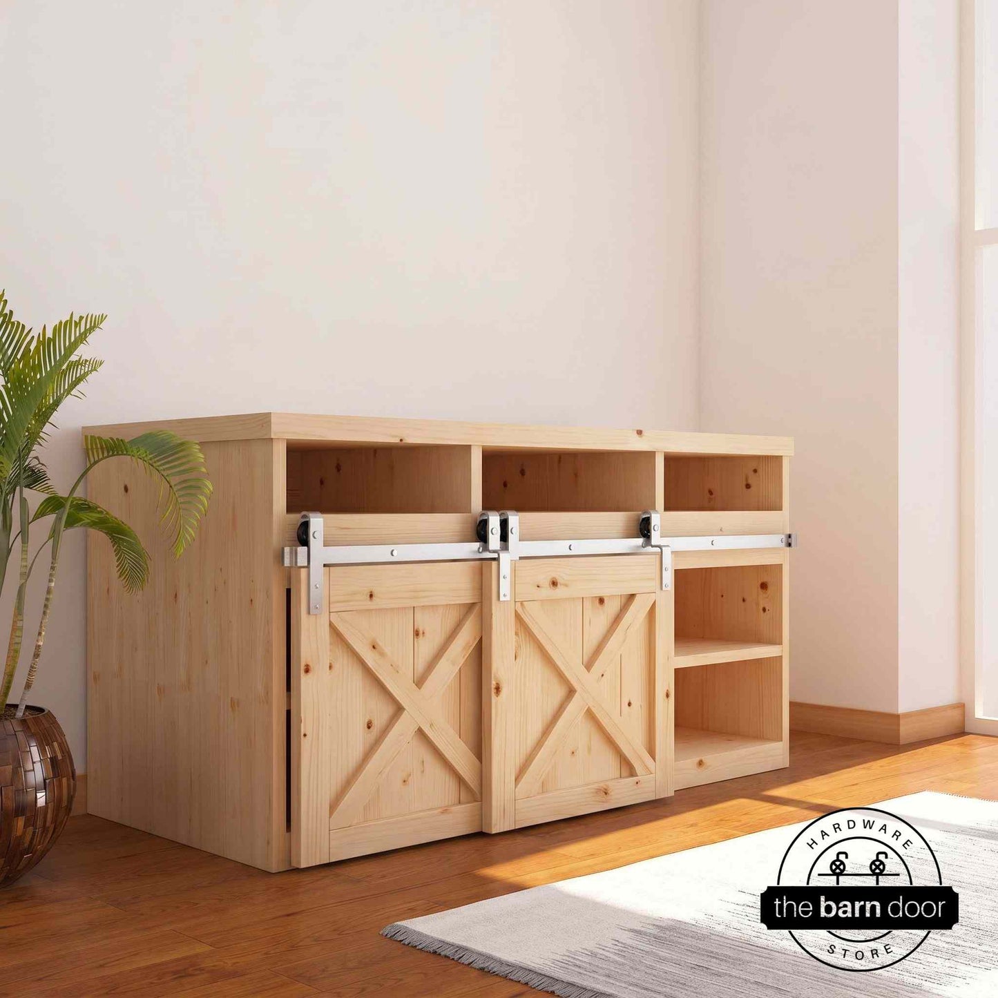 J-Strap Mini Bypass Cabinet Barn Door Hardware Kit | Brushed Nickel