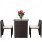 3 Piece Compact Espresso/White Wicker Patio Cushioned Outdoor Chair Table Set