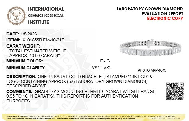 IGI Certified Lab-Grown Diamond Tennis Bracelet in 14K White Gold – 10 ct