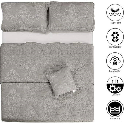 King size Ash Grey Damask Embroidered 4 Piece Oversized Bedspread Set