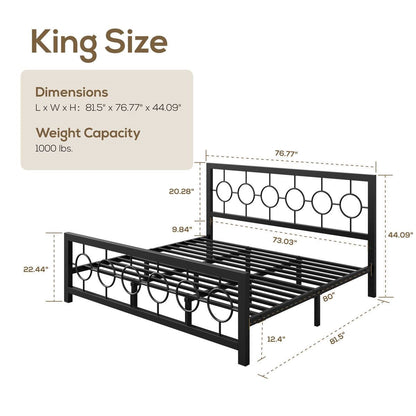 King Black Metal Platform Bed Frame with Circle Medallion Headboard Footboard
