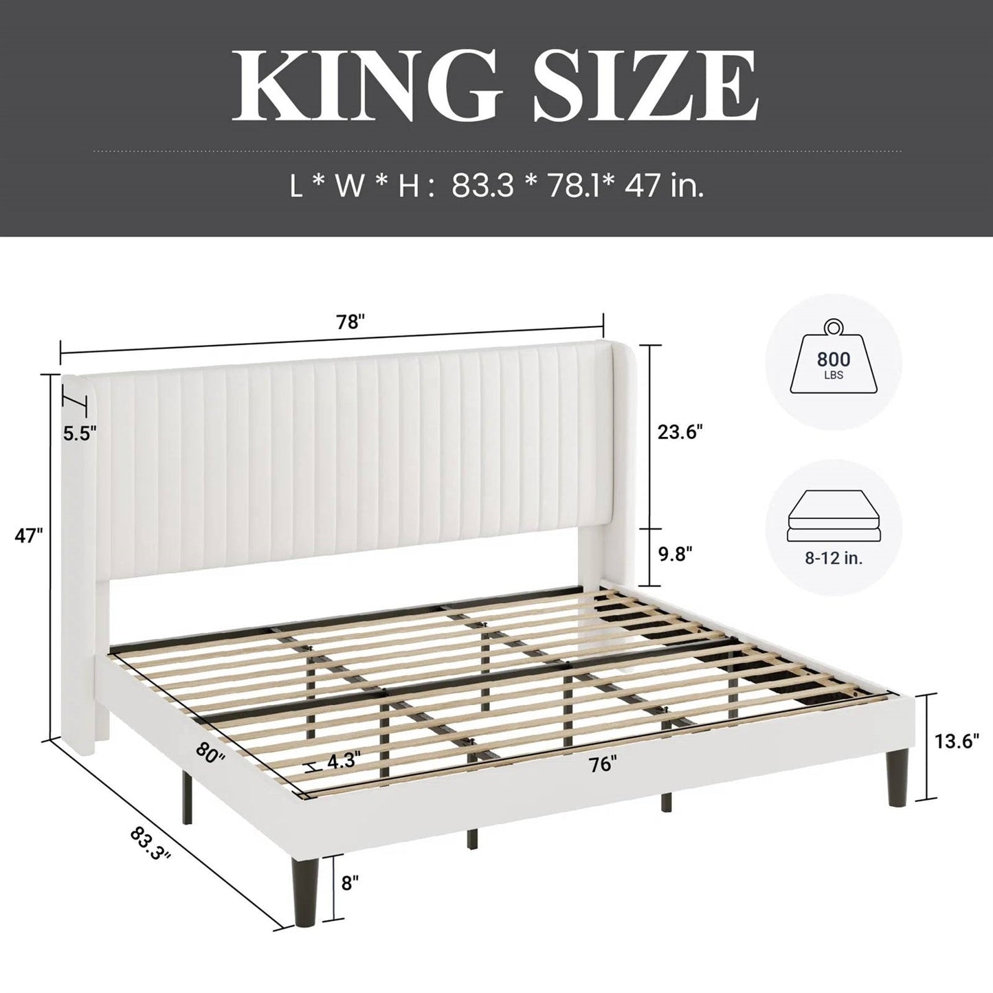 King size White Velvet Upholstered Platform Bed Frame with Wingback Headboard