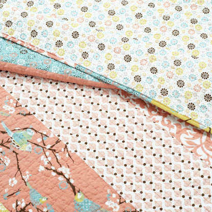King size Blue Yellow Pink Ivory Boho Floral Reversible Lightweight Quilt Set