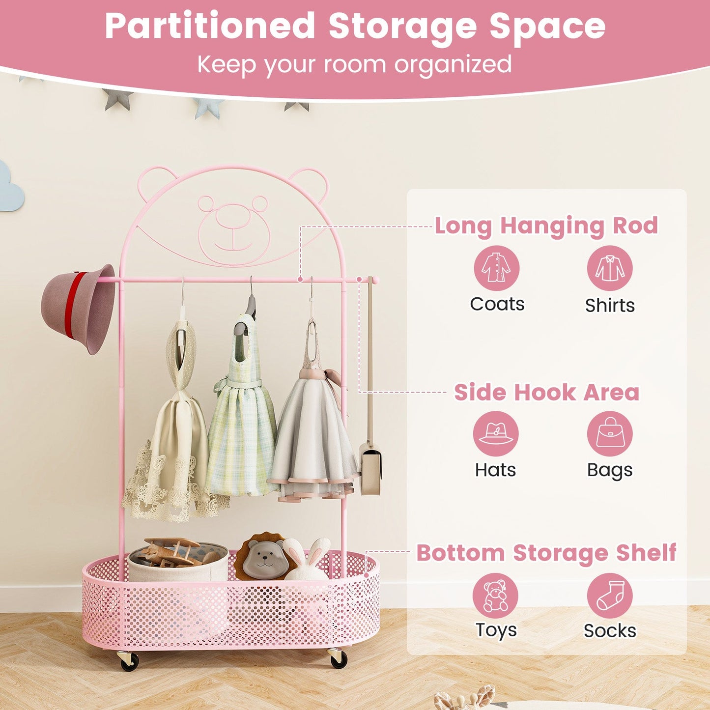 Kid Clothes Rack with 3 Adjustable Heights and Wheels-Pink
