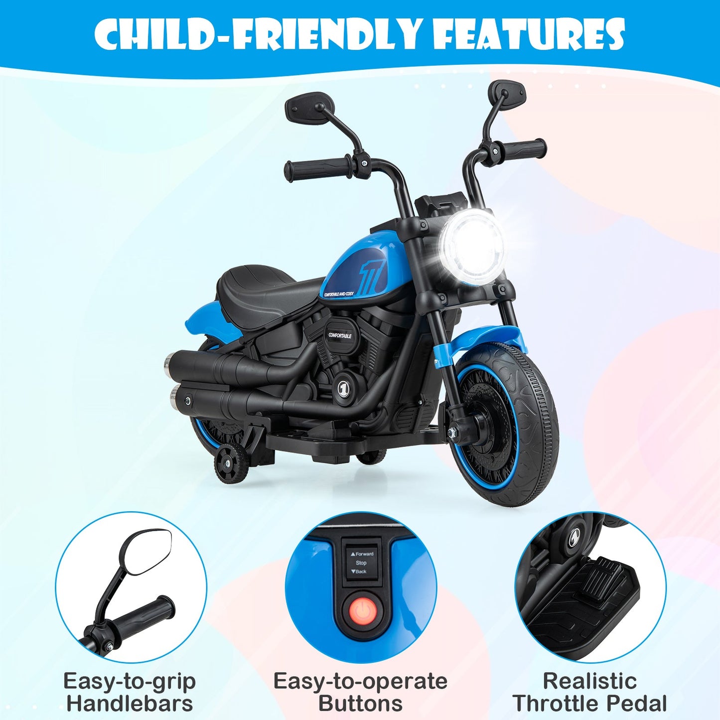 Kids Electric Motorcycle with Training Wheels and LED Headlights