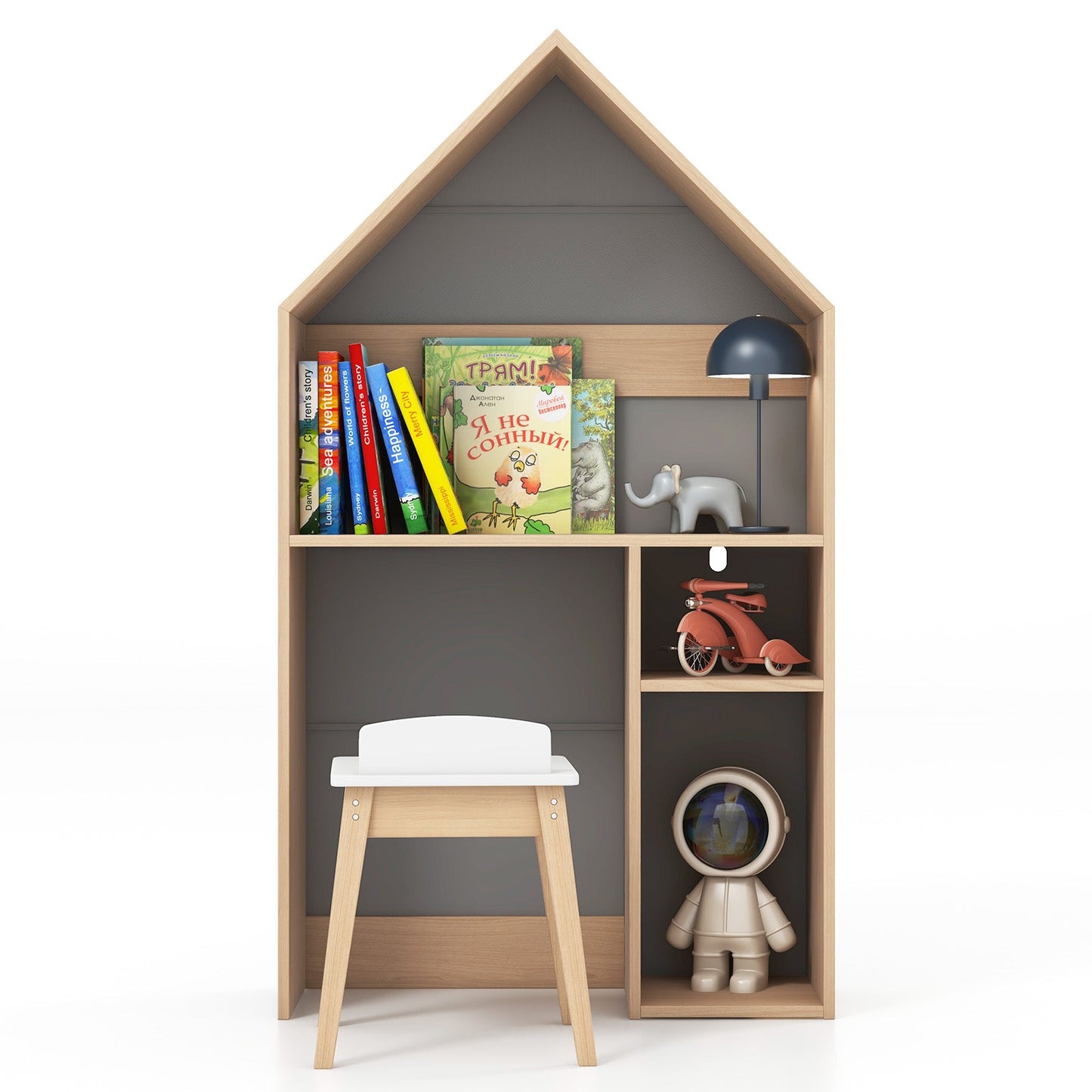 2-in-1 Kids House-Shaped Table and Chair Set-Gray