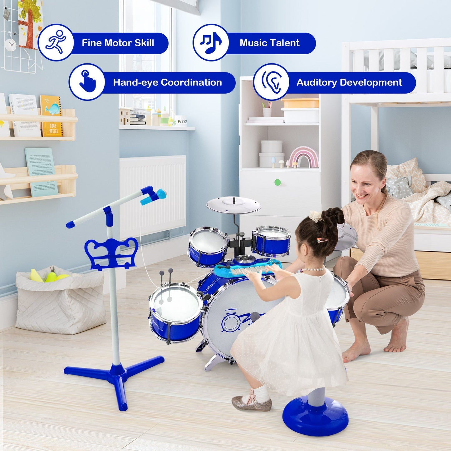 Kids Jazz Drum Keyboard Set with Stool and Microphone Stand