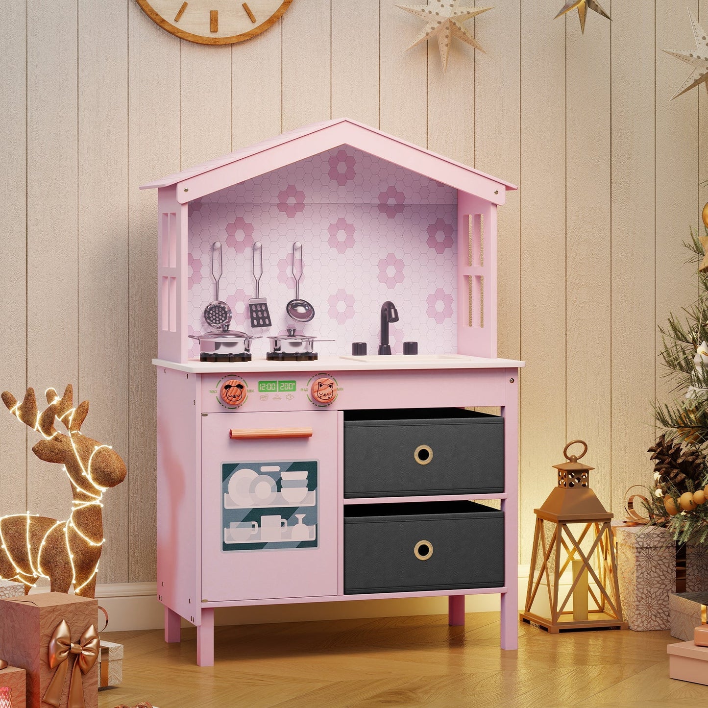 Kids Play Kitchen Children Toy Kitchen Playset with 2 Stoves and Rotation Knobs