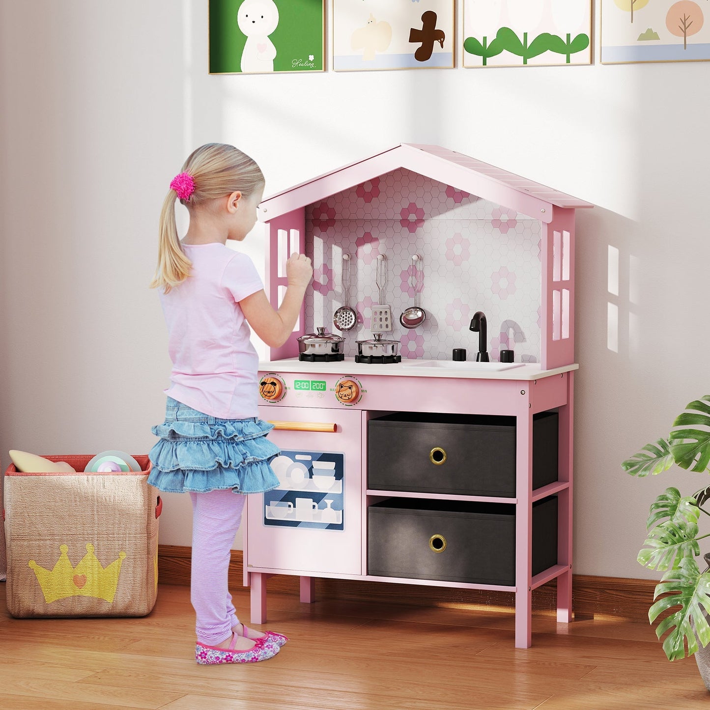 Kids Play Kitchen Children Toy Kitchen Playset with 2 Stoves and Rotation Knobs