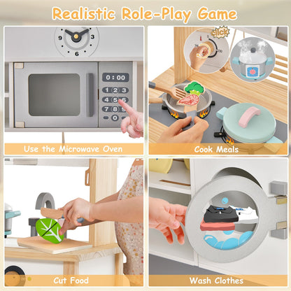 Wooden Pretend Kids Play Kitchen Set with Cooking Accessories