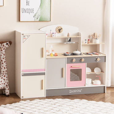 Kids Play Kitchen Set with Realistic Range Hood and Refrigerator