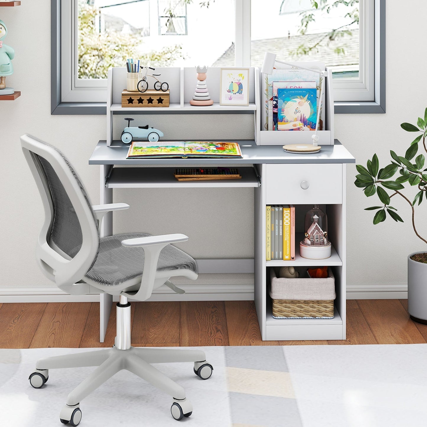 Kids Study Desk with Hutch, Drawer & Shelves