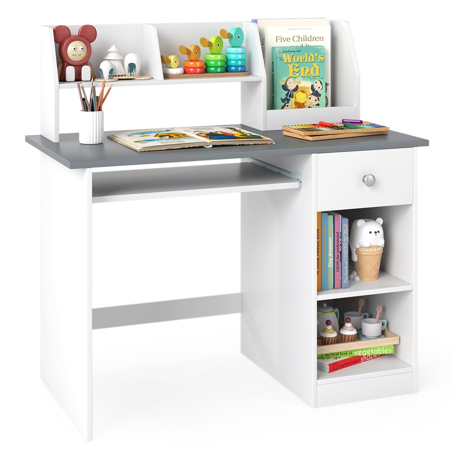 Kids Study Desk with Hutch, Drawer & Shelves