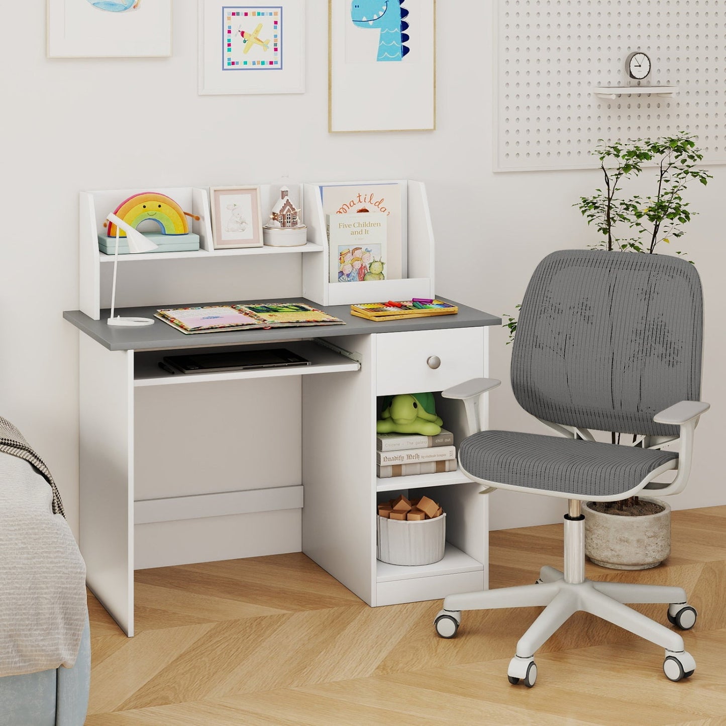 Kids Study Desk with Hutch, Drawer & Shelves