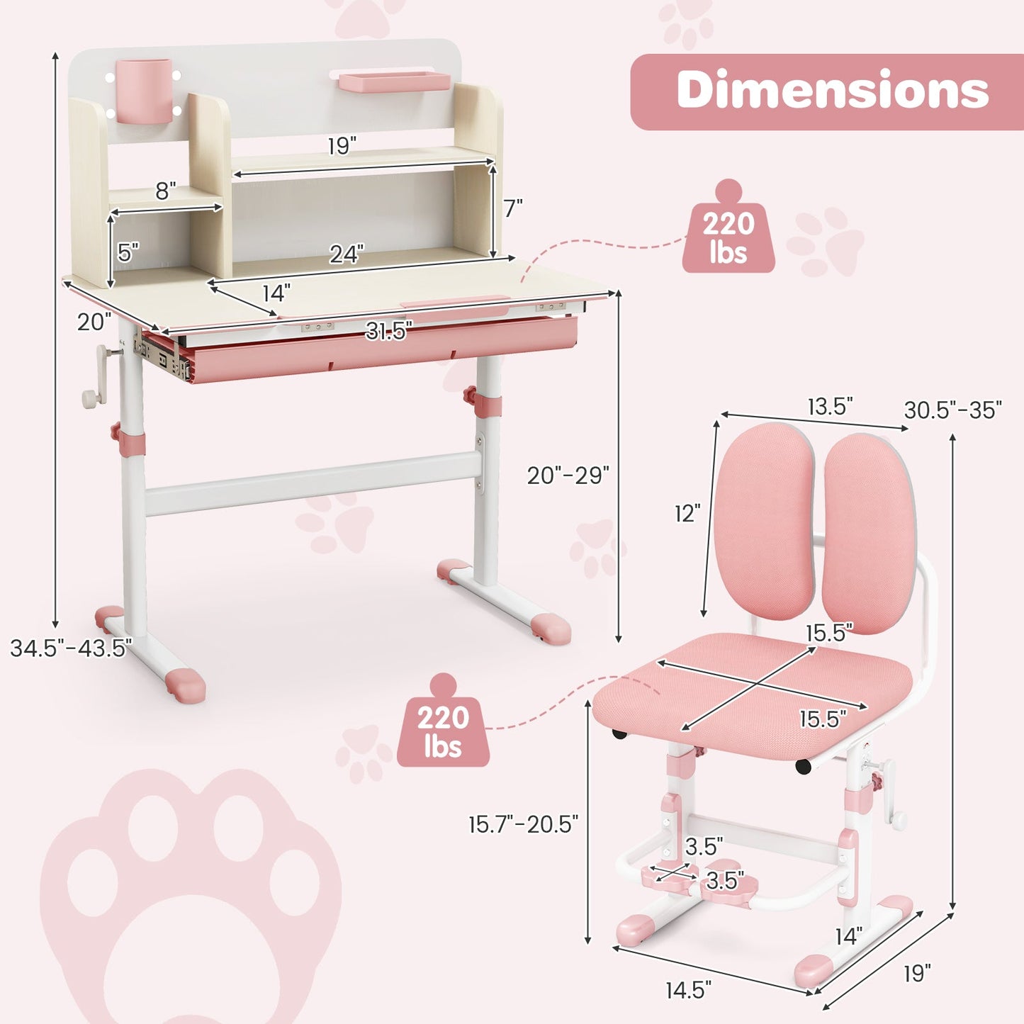 Height Adjustable Children School Home Study Table and Chair Set with Tilted Desktop for 3-12 Years Old