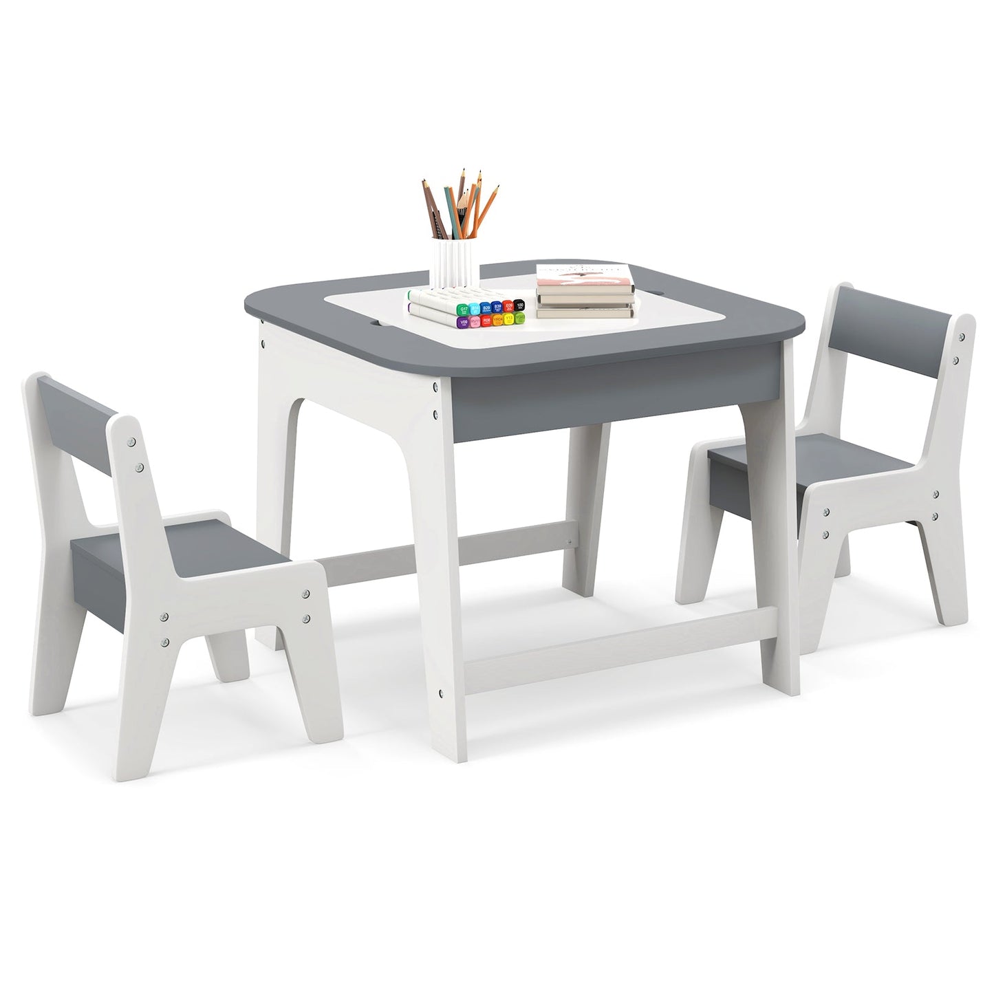 Kid's Table and Chairs Set with Double-sized Tabletop-Gray