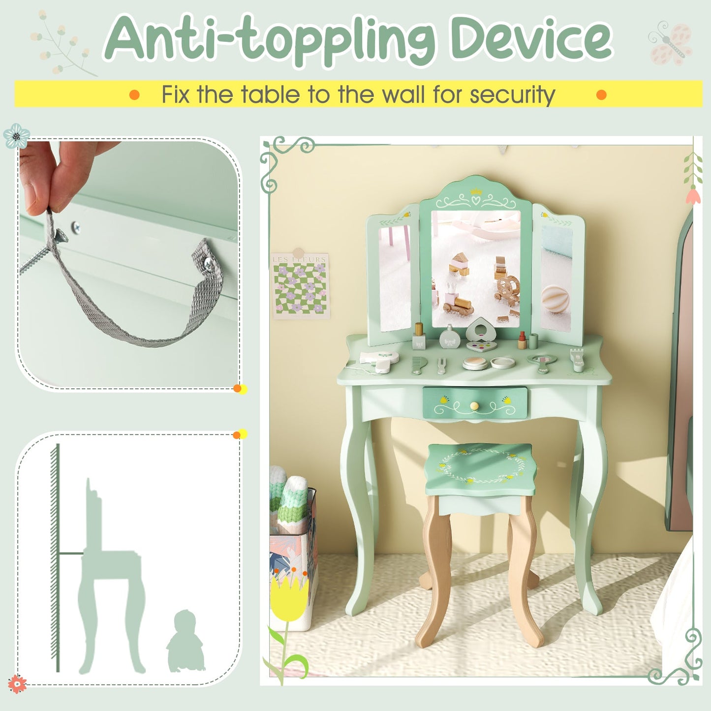 Kids Vanity Set with Tri-folding Mirror