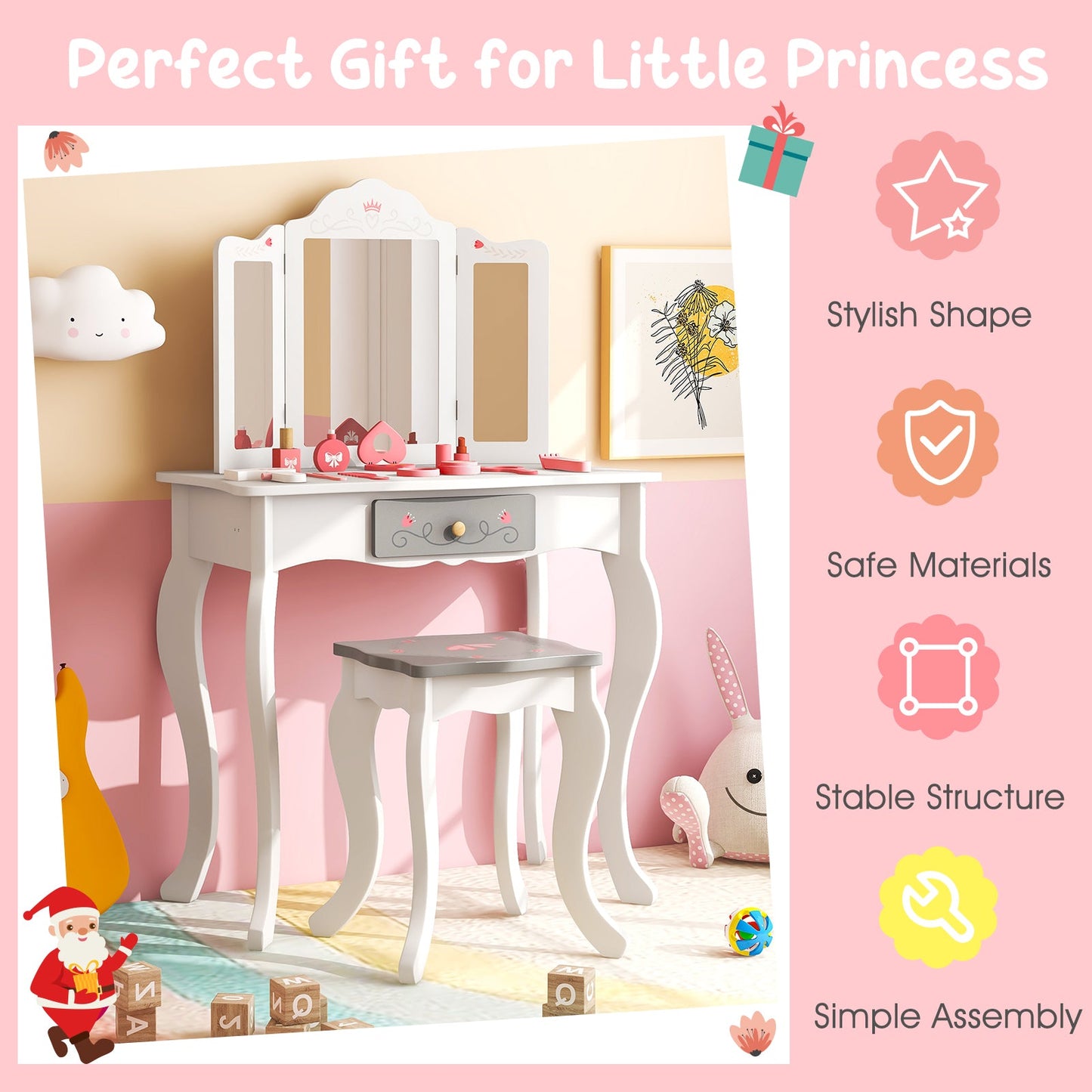 Kids Vanity Set with Tri-folding Mirror-White