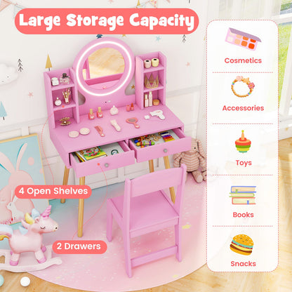 Kids Vanity Set with Lighted Mirror and Storage Drawers-Pink