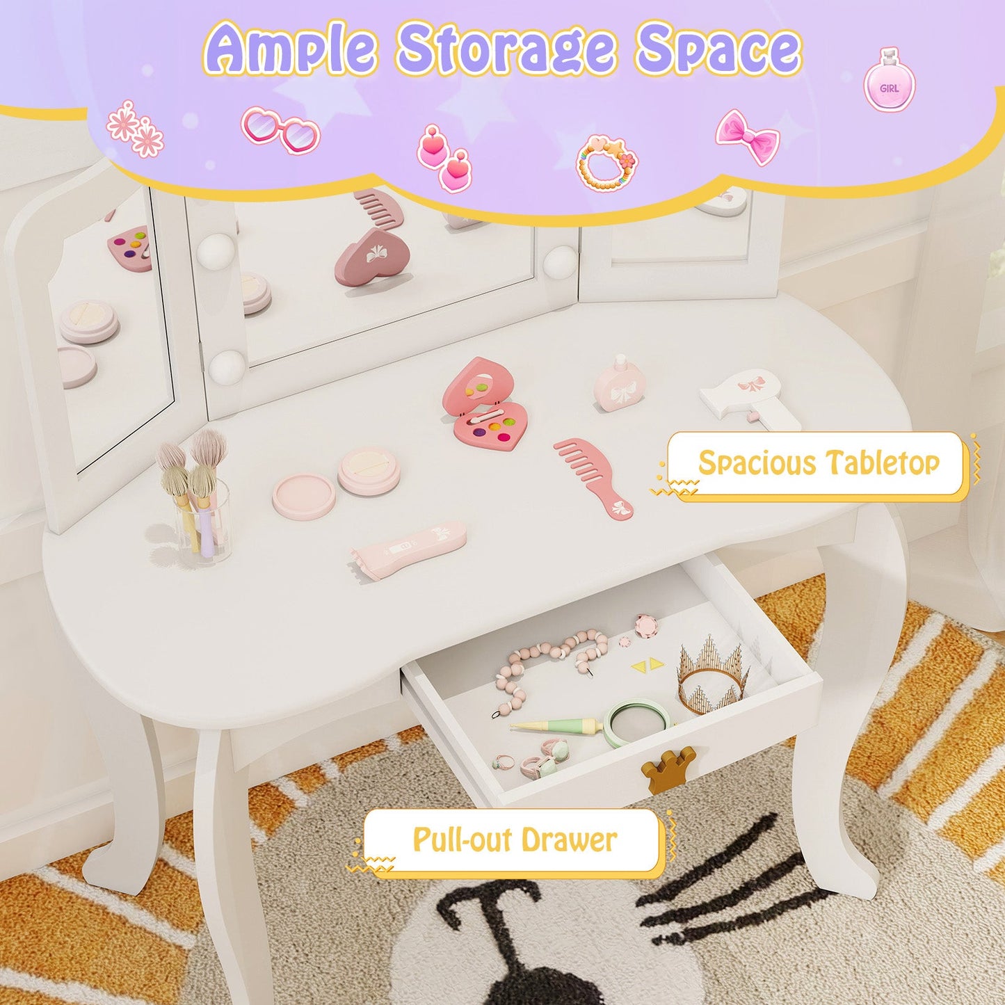 Kids Vanity Set with Tri-fold Lighted Mirror Detachable Top and Stool-White
