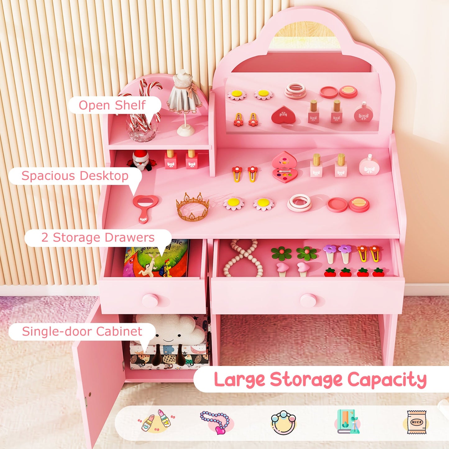Kids Vanity Table and Chair Set with Cloud-shaped Mirror and Open Shelf-Pink