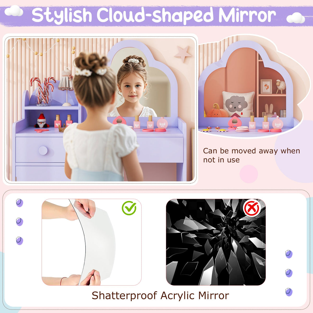 Kids Vanity Table and Chair Set with Cloud-shaped Mirror and Open Shelf-Purple