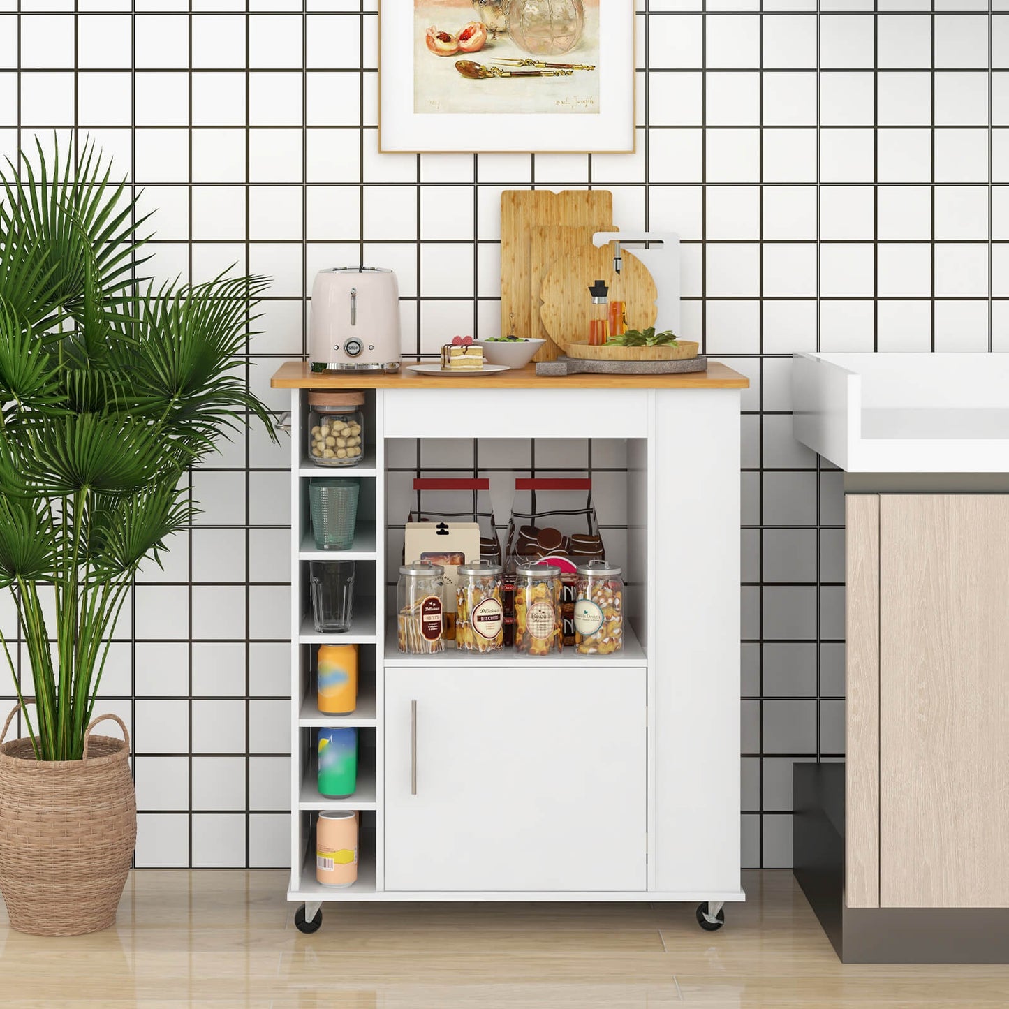 Kitchen Cart on Wheels with Bamboo Top and 6-Bottle Wine Rack-White