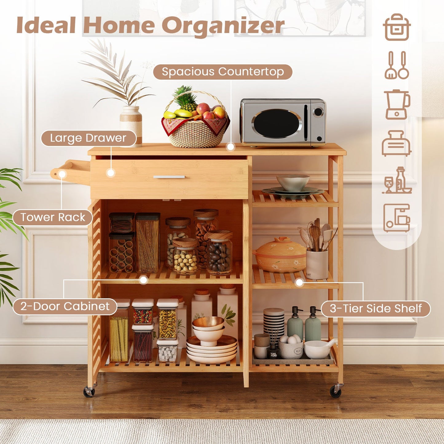 Kitchen Island Cart on Wheels with Sturdy Bamboo Frame-Natural