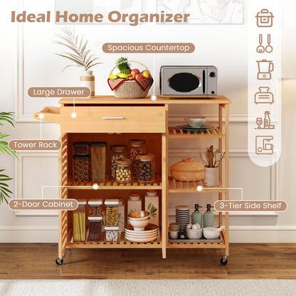 Kitchen Island Cart on Wheels with Sturdy Bamboo Frame-Natural