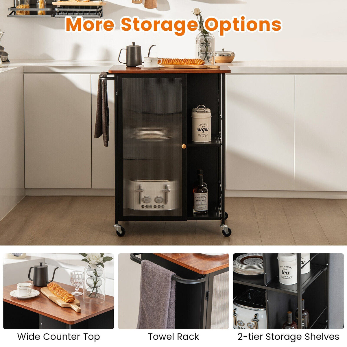 Mobile Serving Cart with Transparent Single Door Cabinet-Black