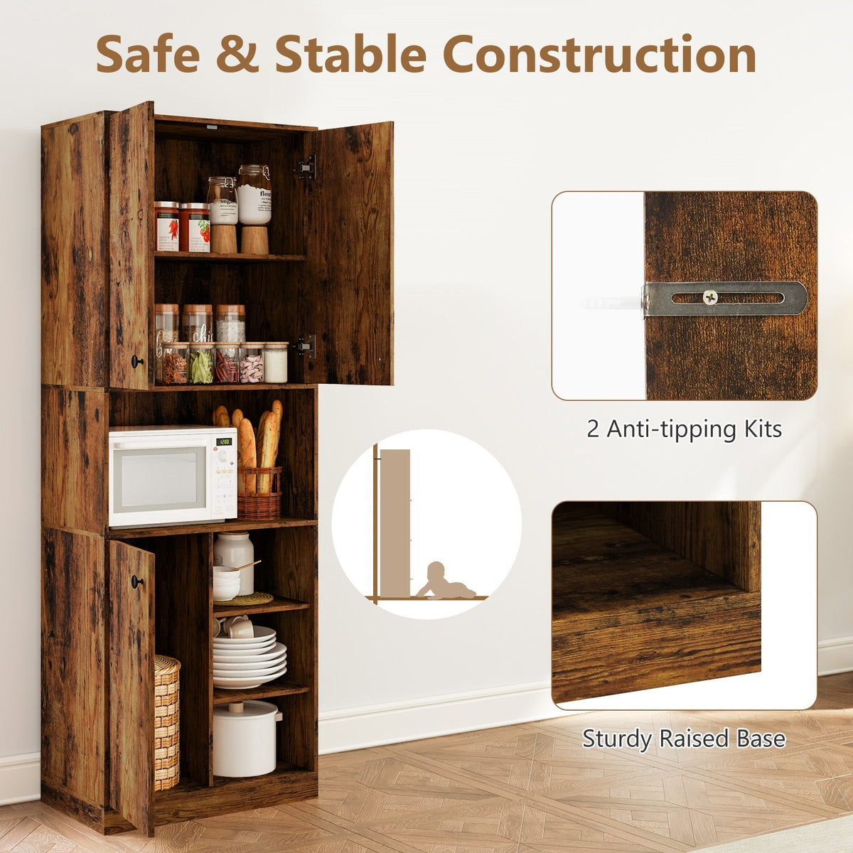 Kitchen Pantry Storage Cabinet with Microwave Stand and Open Shelves