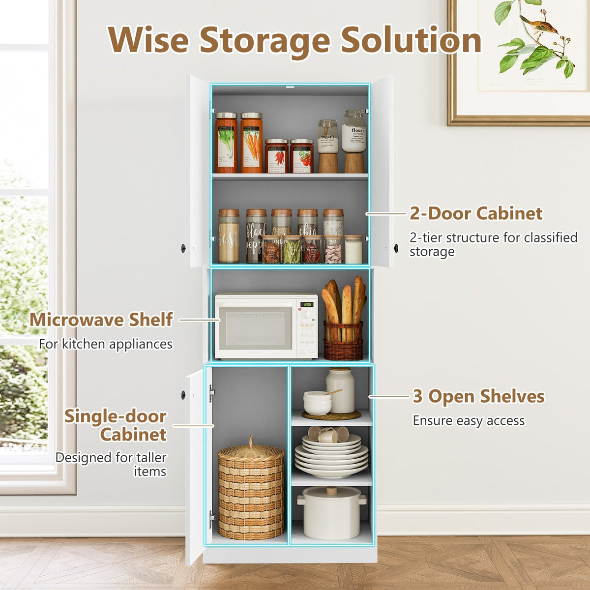 Kitchen Pantry Storage Cabinet with Microwave Stand and Open Shelves