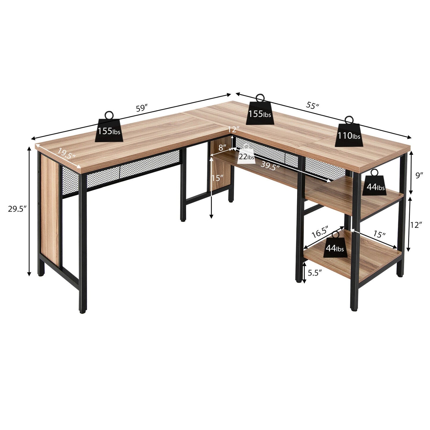 Industrial L-Shaped Corner Computer Desk Office Workstation with Storage Shelves