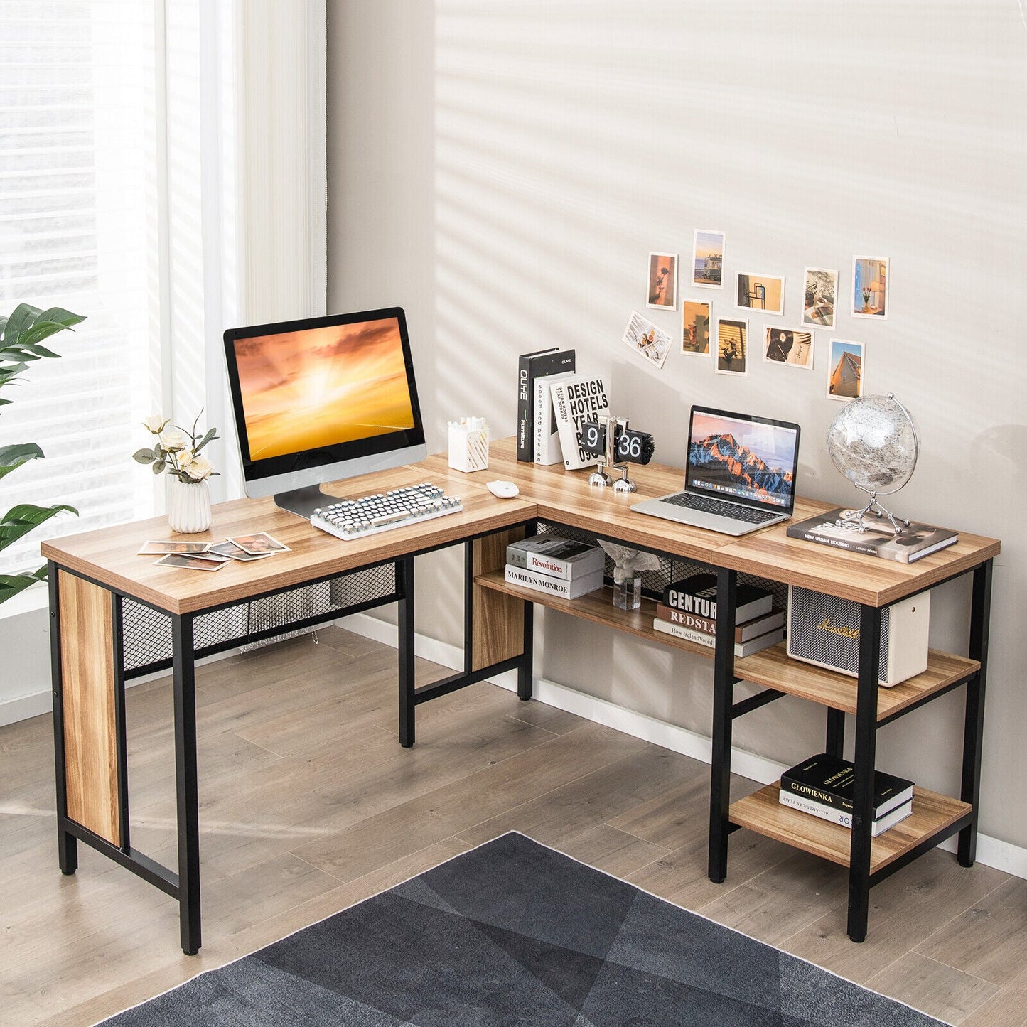 Industrial L-Shaped Corner Computer Desk Office Workstation with Storage Shelves