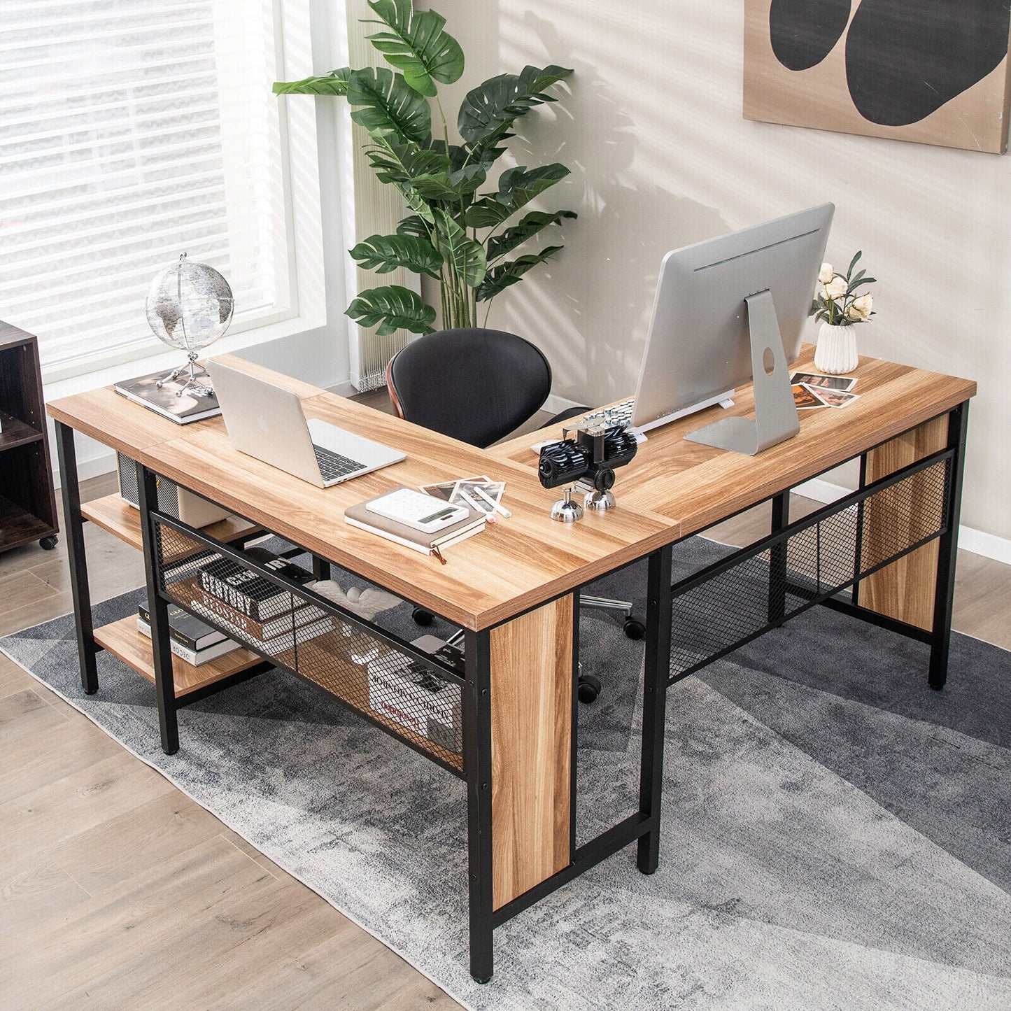 Industrial L-Shaped Corner Computer Desk Office Workstation with Storage Shelves