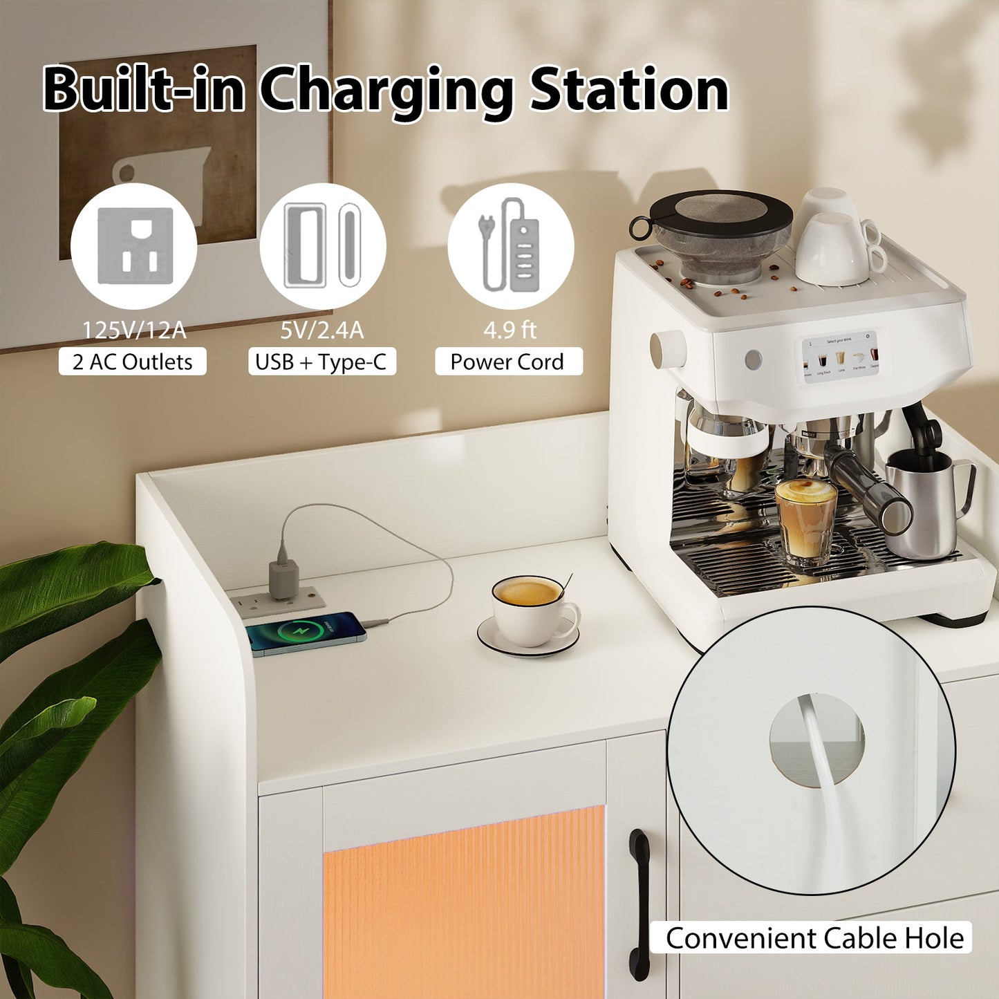 LED Buffet Sideboard with Charging Station with Drawer and Translucent Fluted Door-White