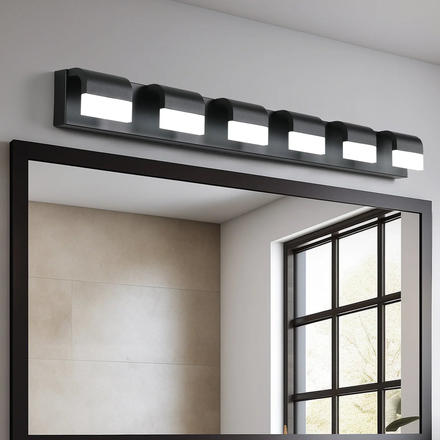 LED Vanity Light Fixture | 3/4/5/6-Light Dimmable Bathroom Wall Sconce with Acrylic Shade — Matte Black, 6000K Daylight