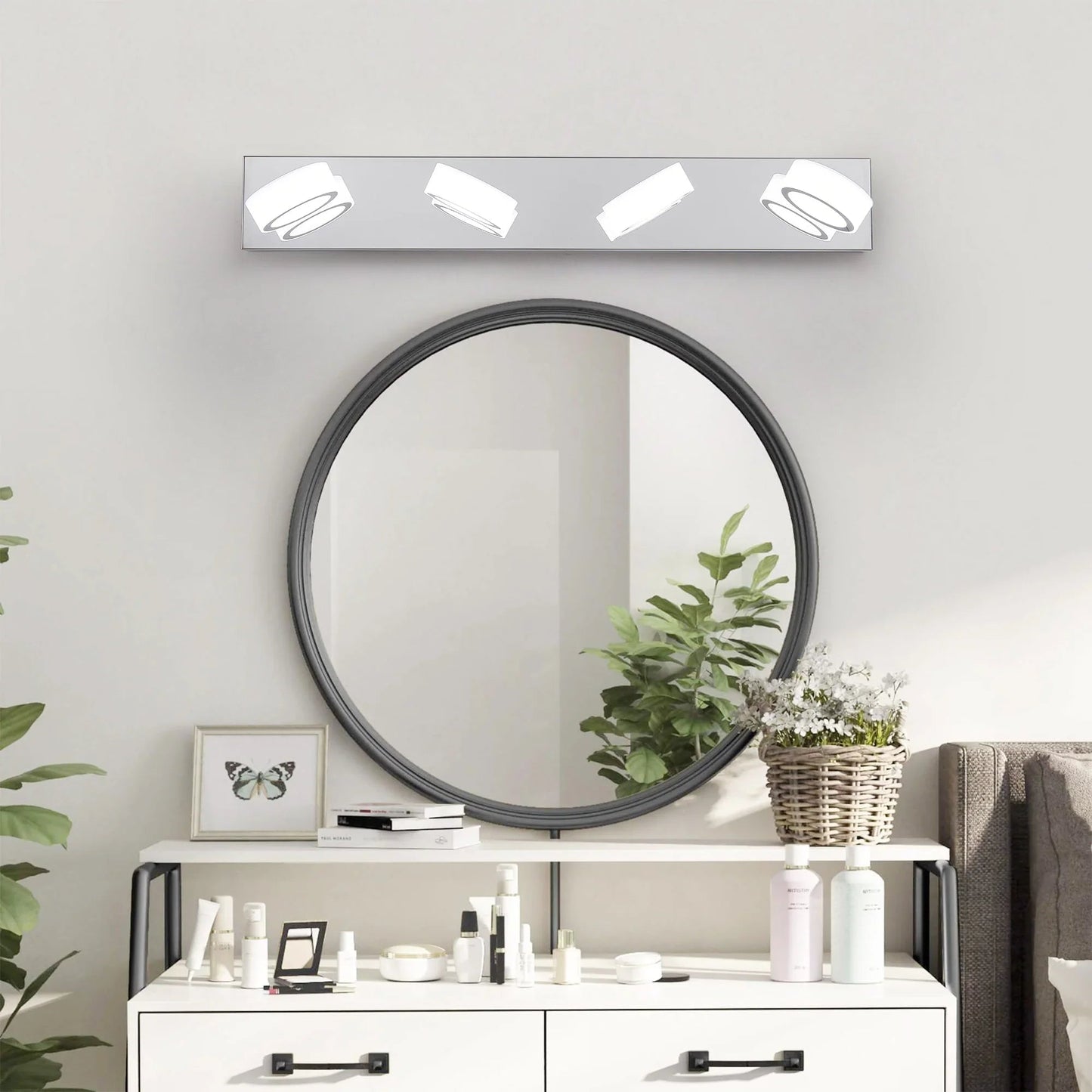 LED Vanity Light Fixture | 3/4/5/6/7-Light Chrome Bathroom Wall Sconce with 360° Rotatable Heads & Frosted Acrylic Shade — Dimmable, 36W