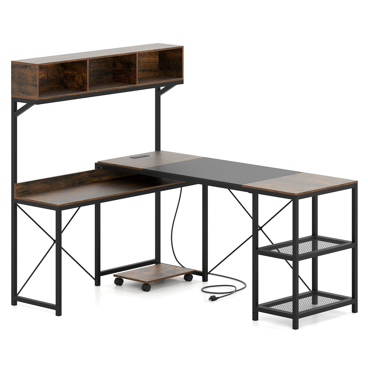 L-Shaped Computer Desk with Power Outlets 62 Inches Corner Desk with Storage Hutch-Brown