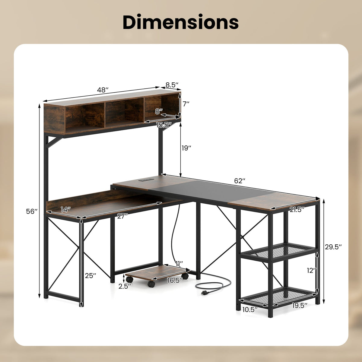 L-Shaped Computer Desk with Power Outlets 62 Inches Corner Desk with Storage Hutch-Brown