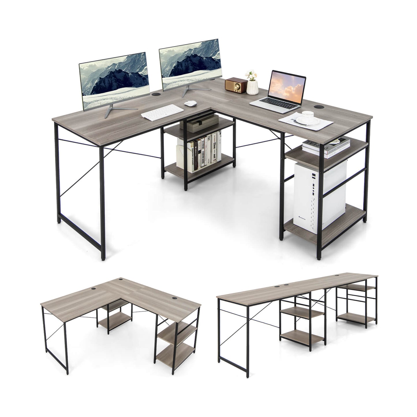 L Shaped Computer Desk with 4 Storage Shelves and Cable Holes
